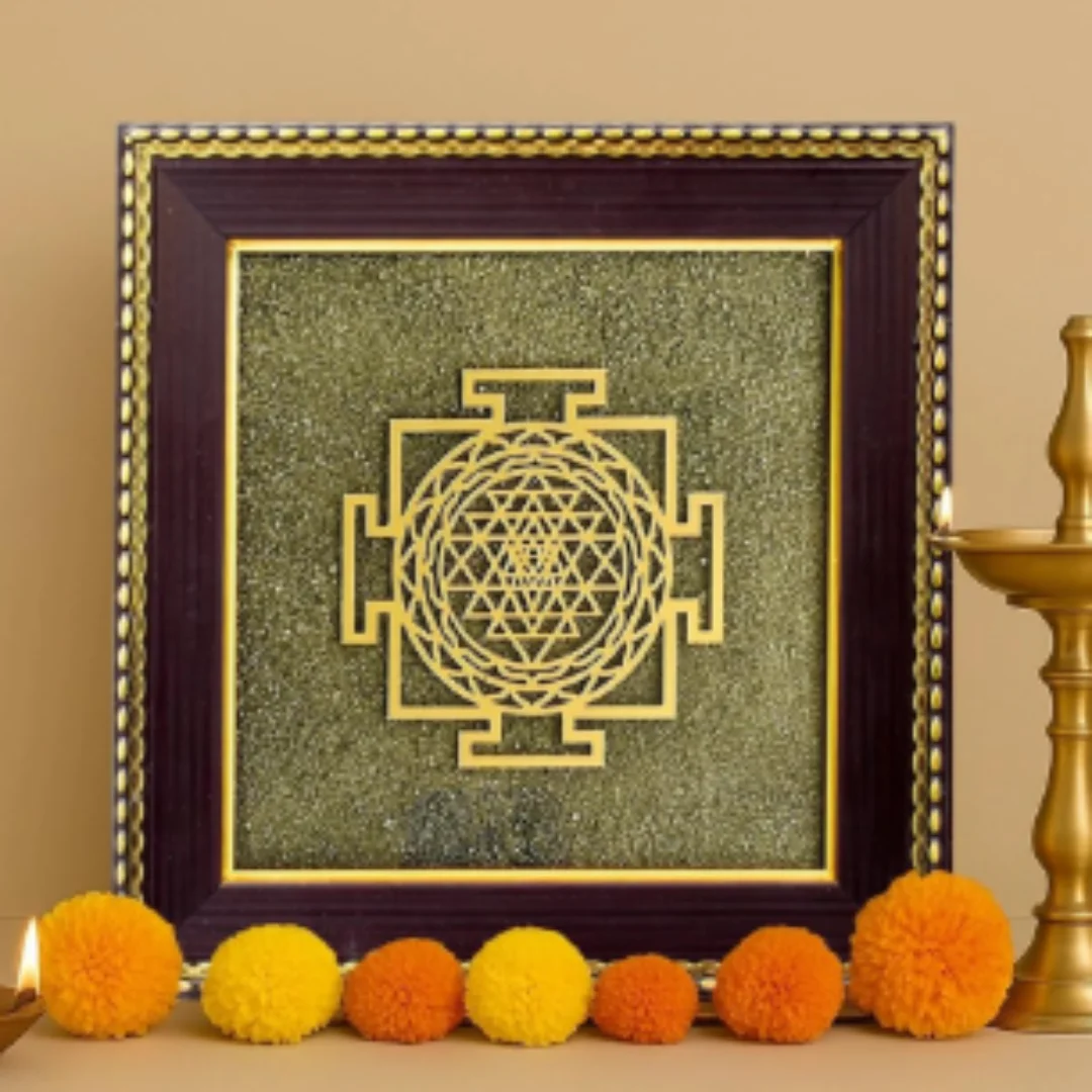 Shree Yantra on Raw Pyrite Frame | Symbol of Wealth, Harmony & Divine Energy