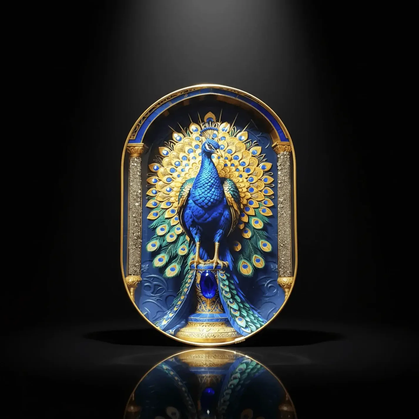 Certified Pyrite & Lapis Peacock Crystal Frame | Vastu Lucky Home & Office Decor